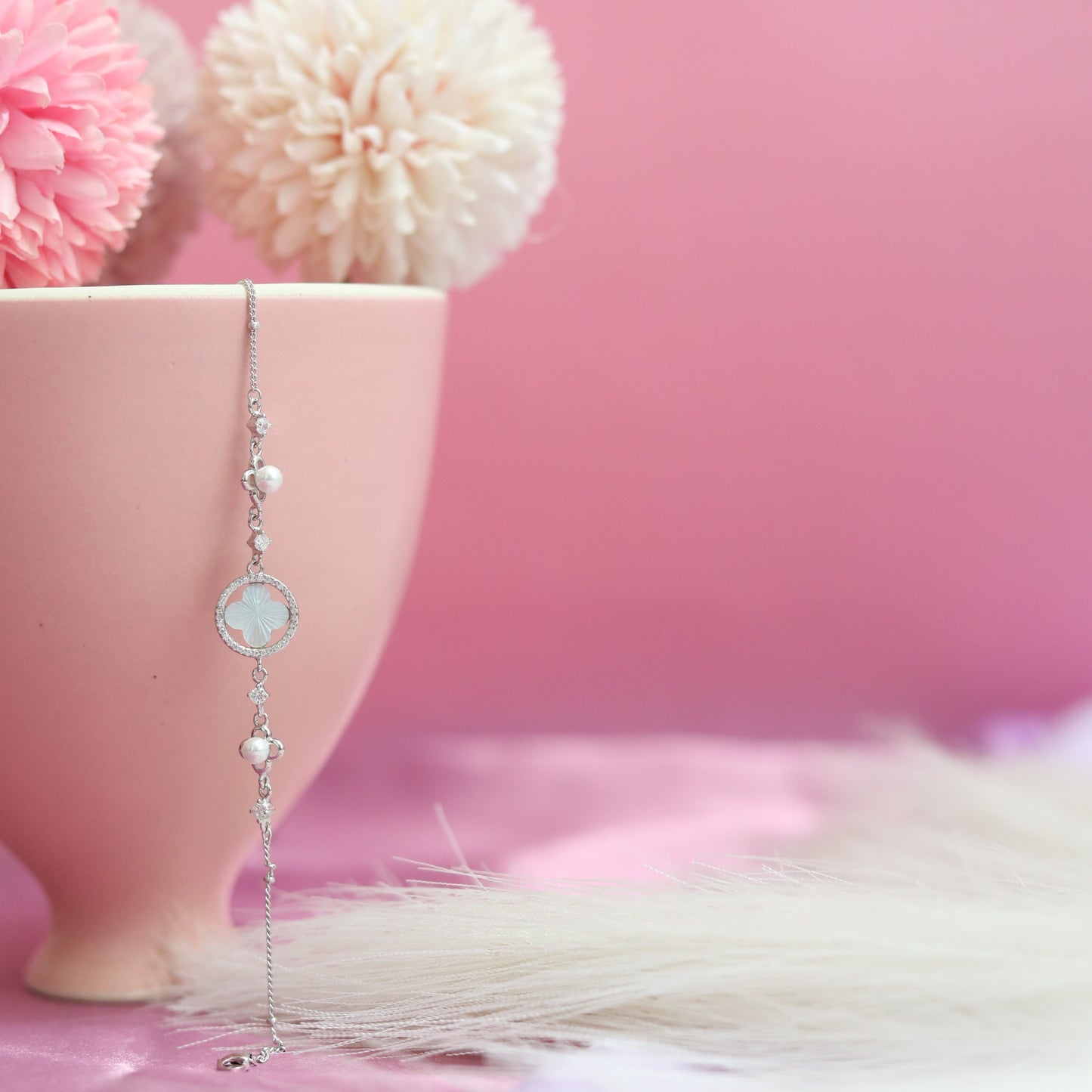 Graceful Bloom: Mother of Pearl Silver Bracelet