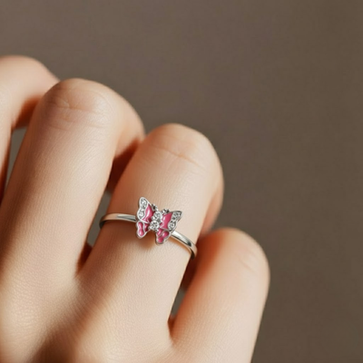 Adorable Pink Butterfly Kids' Silver Ring