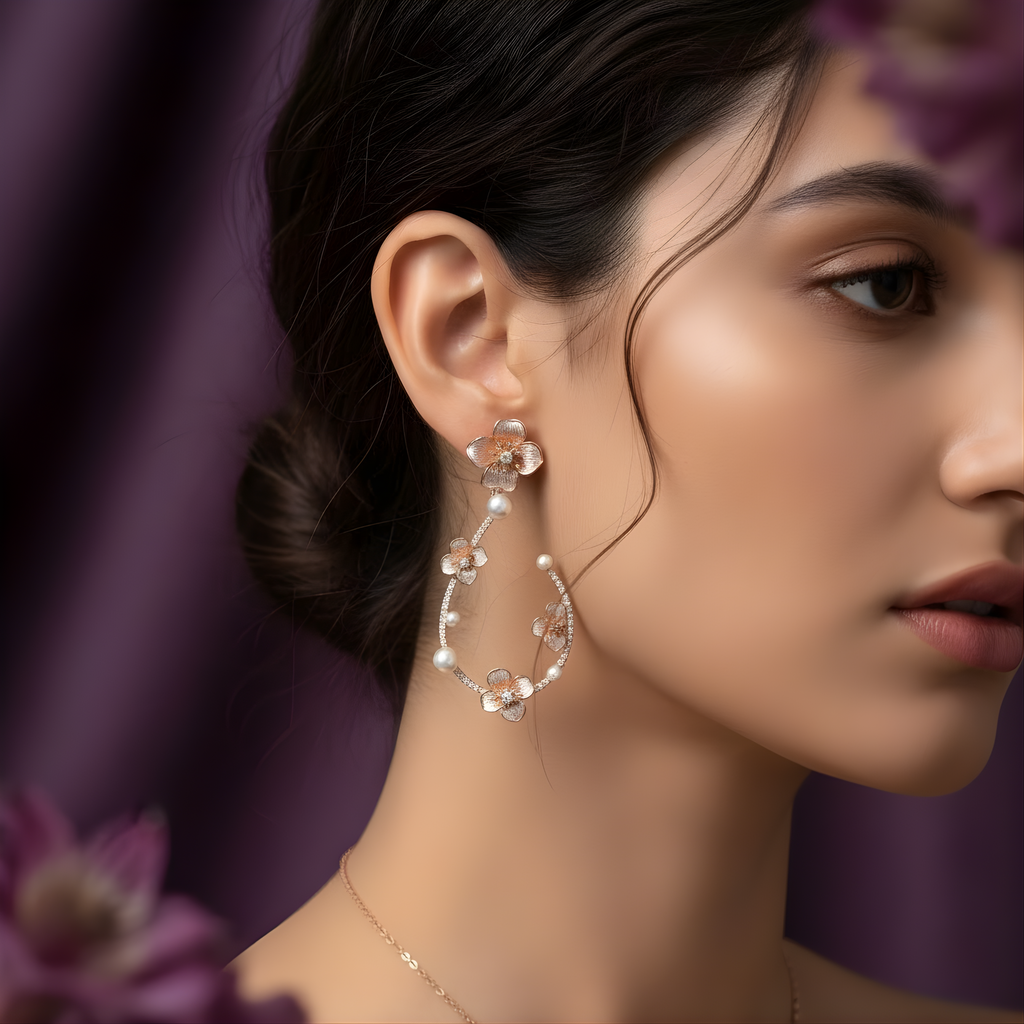 Rosé Bloom Pearl Hoop Earrings