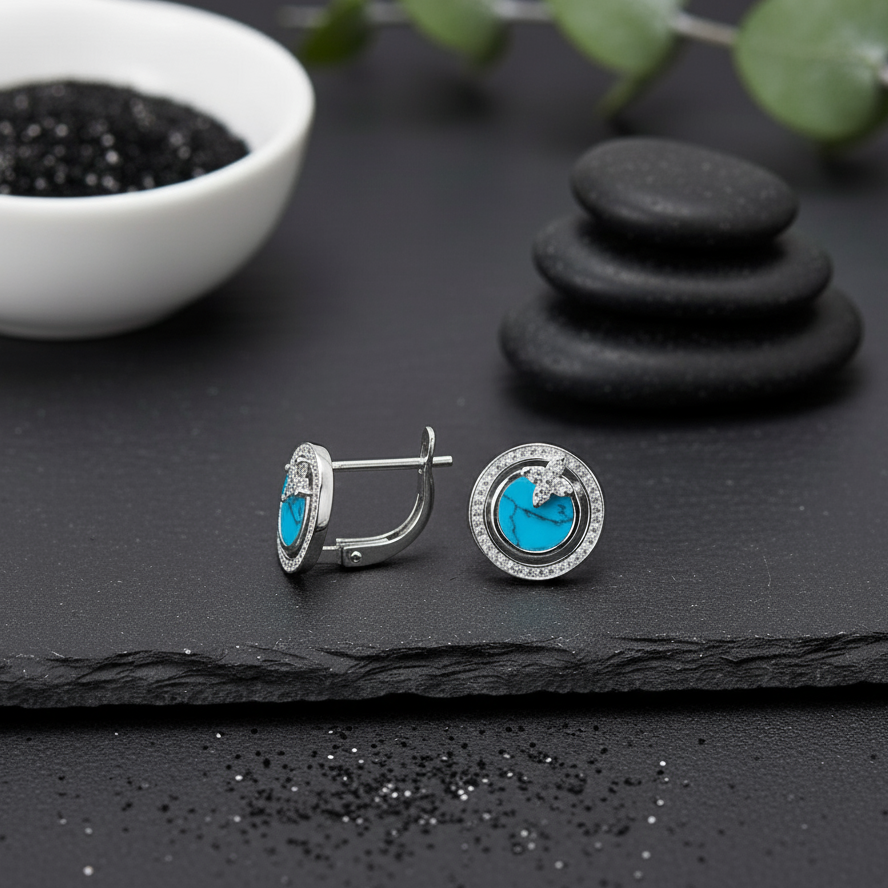 Pair of turquoise gemstone earrings on a dark surface with decorative elements.